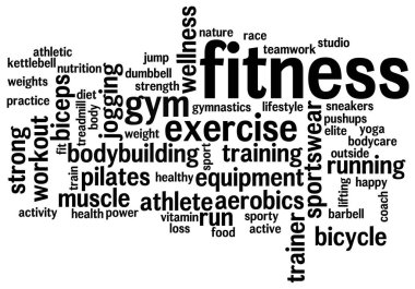 Fitness kelime bulut. Egzersiz tipografi arka plan. 