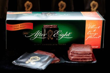 ZAGREB, CROATIA - DECEMBER 26, 2016: After Eight Mint Chocolate Thins, are a confectionery product that are intended to be used as after dinner mints. 
