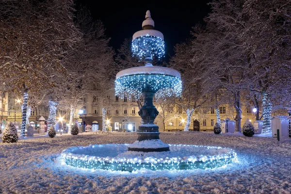 ザグレブのアドベントの一環としてクリスマスライトで装飾されたZrinjevac泉 噴水はキノコとして知られています — ストック写真