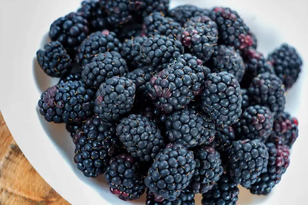 Fresh Ripe Blackberries White Bowl Stock Image