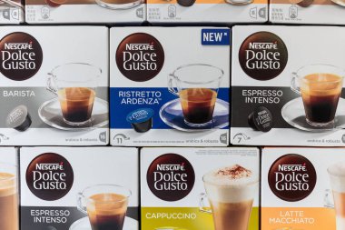 ZAGREB, CROATIA - SEPTEMBER 23, 2016: Boxes of different kinds of Nescafe Dolce Gusto drinks