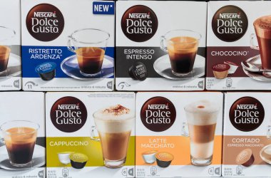 ZAGREB, CROATIA - SEPTEMBER 23, 2016: Boxes of different kinds of Nescafe Dolce Gusto drinks