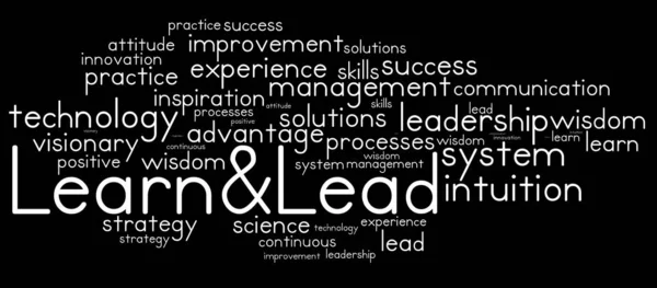 Learn and lead word cloud. Leadership typography background.