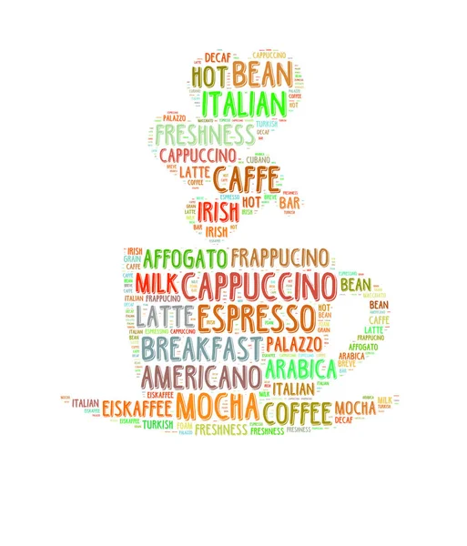 Coffee Word Cloud Words Related Coffee Shape Coffee Mug — Stock Photo, Image