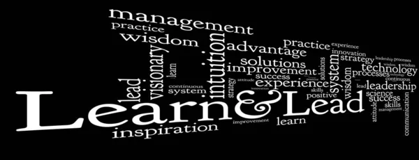 Learn and lead word cloud. Leadership typography background.
