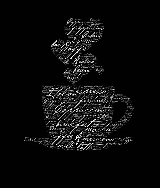 Kawa Słowo Chmura Słowa Związane Kawą Kształcie Kubka Kawy — Zdjęcie stockowe