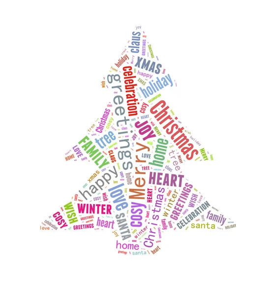 Merry Christmas word cloud shaped as a Christmas tree