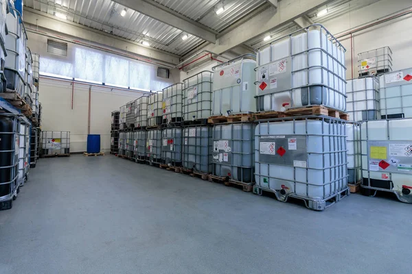ZAGREB, CROATIA - DECEMBER 21, 2016: Warehouse with chemicals in IBC containers. IBC is used for storage and transport of chemicals.