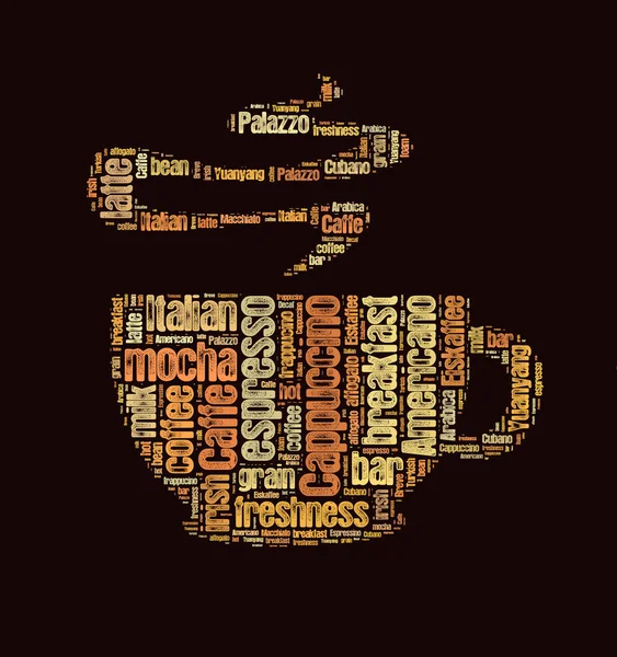 Kawa Słowo Chmura Słowa Związane Kawą Kształcie Kubka Kawy — Zdjęcie stockowe