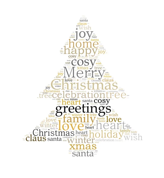 Merry Christmas Word Cloud Shaped Christmas Tree Gold Silver Black — Stock Photo, Image