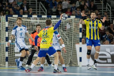 ZAGREB, CROATIA - MARCH 09, 2017: EHF Champions League PPD Zagreb VS RK Celje Pivovarna Lasko. ZARABEC Miha (23) with the ball