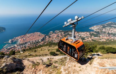 Dubrovnik Teleferik. Mount Srdj. Eski şehir sur ve arka planda Adriyatik denizinin tepesinden görünümü.