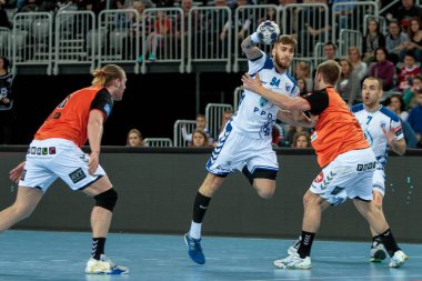 ZAGREB, CROATIA - FEBRUARY 25, 2016: EHF Champions League PPD Zagreb VS IFK Kristianstad. Domagoj PAVLOVIC (94) with the ball