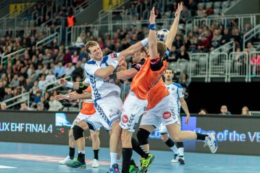 Zagreb, Hırvatistan - 25 Şubat 2016: Ehf Şampiyonlar Ligi PD Zagreb 'e karşı Ifk Kristianstad. David Miklavciç (28) top ile