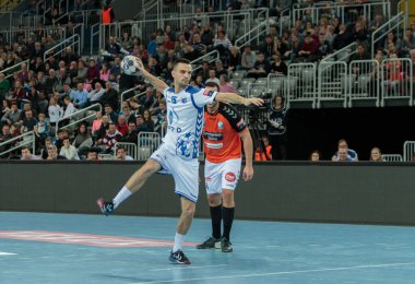 ZAGREB, CROATIA - FEBRUARY 25, 2017: EHF Champions League PPD Zagreb VS IFK Kristianstad. Dobrivoje MARKOVIC (15) shooting at the goal