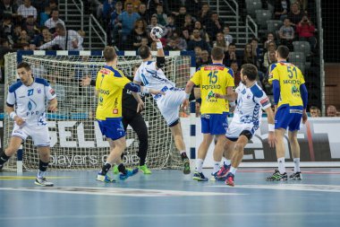 Zagreb, Hırvatistan - 09 Mart 2017: Ehf Şampiyonlar Ligi PD Zagreb 'e karşı Rk Celje Pivovarna Lasko. Vori Igor (10) golü atıyor