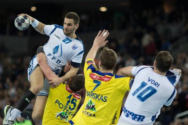 ZAGREB, CROATIA - MARCH 09, 2017: EHF Champions League PPD Zagreb VS RK Celje Pivovarna Lasko. MANDALINIC Stipe (27) in the air with ball in the hand
