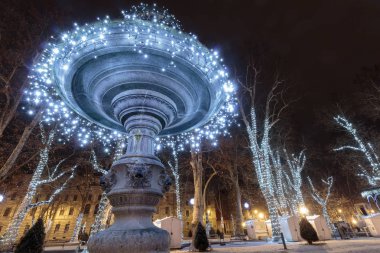 Zagreb Advent bir parçası olarak Noel ışıkları ile dekore Zrinjevac park Çeşmesi detay. Çeşme Mantar olarak bilinir.