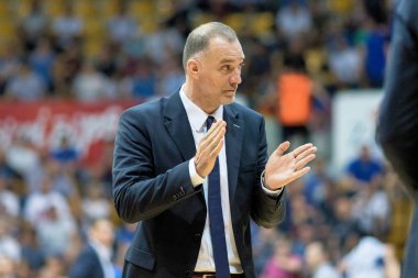 ZAGREB, CROATIA - JUNE 01, 2017: Croatian Basketball championship finals Cibona Zagreb vs. Cedevita. Cedevita coach MRSIC Veljko (COACH)