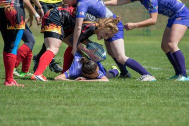 ZAGREB, CROATIA - MAY 6, 2017: Zagreb 7's - Rugby Tournament. Rugby players fight for ball