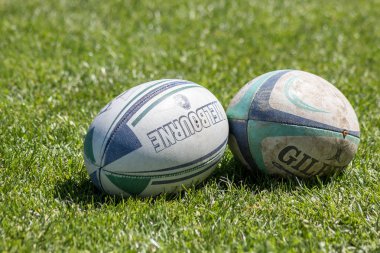 ZAGREB, CROATIA - MAY 6, 2017: Zagreb 7's - Rugby Tournament.  Rugby balls on playing field