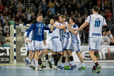 ZAGREB, CROATIA - MARCH 09, 2017: EHF Champions League PPD Zagreb VS RK Celje Pivovarna Lasko. Players celebrating victory
