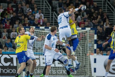 Zagreb, Hırvatistan - 09 Mart 2017: Ehf Şampiyonlar Ligi PD Zagreb 'e karşı Rk Celje Pivovarna Lasko. Havada Mandalinic Stipe (27), golü atıyor