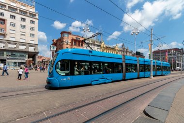 ZAGREB, CROATIA - MAY 26, 2016: New modern tram of Croatian capital Zagreb on ban Jelacic square