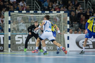 ZAGREB, CROATIA - MARCH 09, 2017: EHF Champions League PPD Zagreb VS RK Celje Pivovarna Lasko. HORVAT Zlatko (18) with the ball