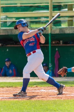 ZAGREB, CROATIA - MAY 22, 2016: Baseball match between Baseball Club Zagreb vs. Aeros Erd. Hitter swinging the baseball bat