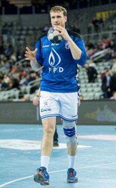 Zagreb, Hırvatistan - 09 Mart 2017: Ehf Şampiyonlar Ligi PD Zagreb 'e karşı Rk Celje Pivovarna Lasko. Miklavciç David (28) elinde topla
