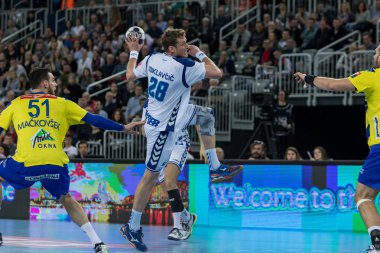 ZAGREB, CROATIA - MARCH 09, 2017: EHF Champions League PPD Zagreb VS RK Celje Pivovarna Lasko. MIKLAVCIC David (28) with ball in the hand
