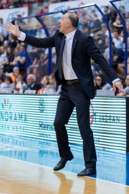 Zagreb, Hırvatistan - 17 Mayıs 2017: Hırvatistan şampiyonası finalleri Cibona Zagreb - Cedevita. Mr.Veljko (Koç