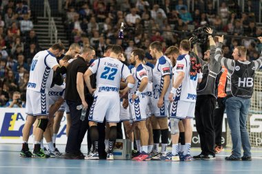 ZAGREB, CROATIA - MARCH 09, 2017: EHF Champions League PPD Zagreb VS RK Celje Pivovarna Lasko. PPd Zagreb players during time out