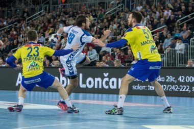 ZAGREB, CROATIA - MARCH 09, 2017: EHF Champions League PPD Zagreb VS RK Celje Pivovarna Lasko. HORVAT Zlatko (18) in attack holding ball in the hand