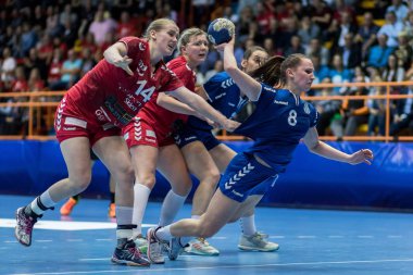 ZAGREB, CROATIA - MAY 7, 2017: Finals of EHF Challenge Cup Lokomotiva vs. Hoors. POSAVEC Stela (8) shooting at the goal