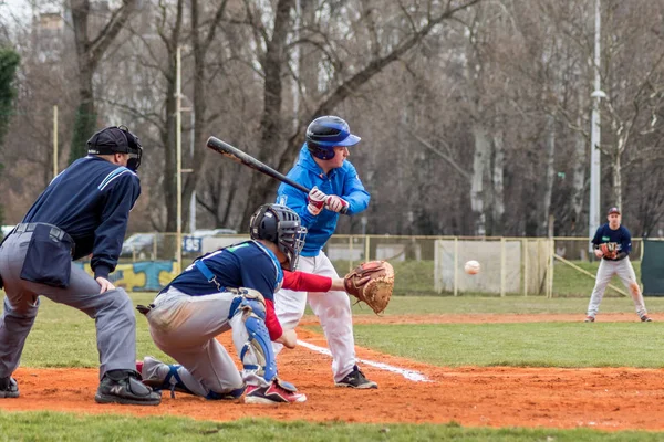 Zagreb Croacia Marzo 2017 Béisbol Klub Zagreb Olimpija Karlovac Catcher —  Fotos de Stock