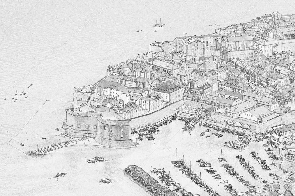 Aerial view of The Old Town of Dubrovnik, Croatia, edit with trace contour filter