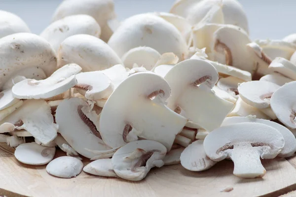 Whole Sliced Champignons Wooden Board — Stock Photo, Image