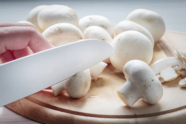 Woman Hand Holding Knife Chopping Mushrooms — Stock Photo, Image