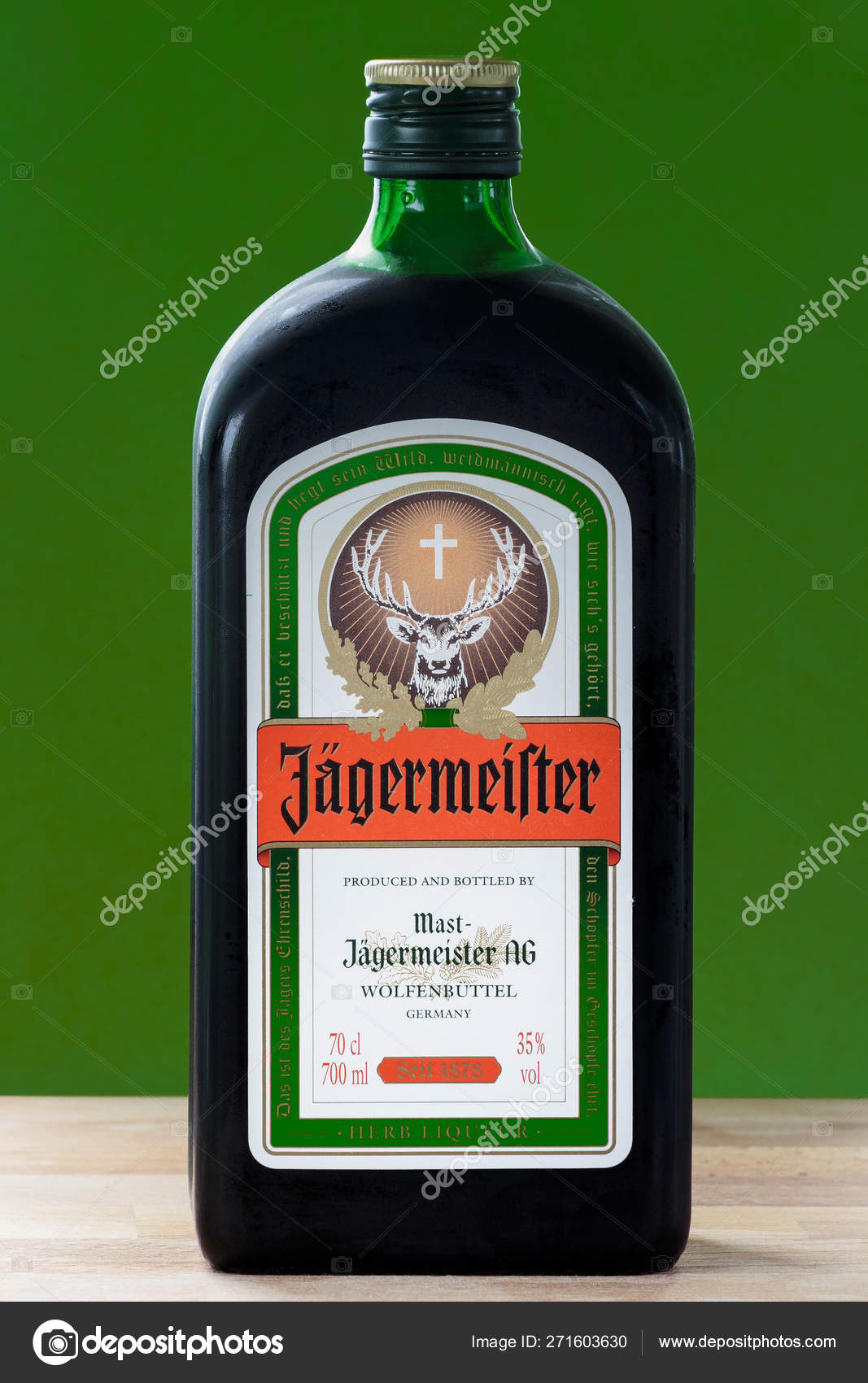 Zagreb Croatia April 2015 Bottle Jagermeister Wooden Table Green Background  – Stock Editorial Photo © Dariozg #271603630