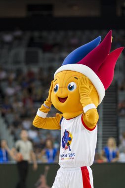 Zagreb, Hırvatistan - 28 Ağustos 2015: Hazırlık maçı Hırvatistan ile İsrail arasında yapılacak 2015 Eurobasket karşılaşması öncesinde gerçekleşti. 2015 Eurobasket maskotu Frenkie