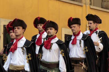 ZAGREB, CROATIA - AUGUST 05, 2015: Lineup Cravat Regiment at a ceremony celebrating the Victory day and the Day of Croatian Defenders at st. Mark's square in Zagreb, Croatia.