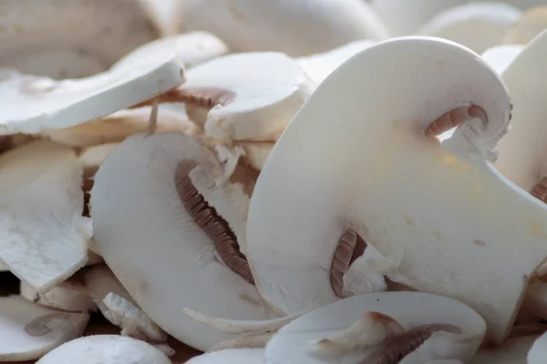 Sliced Champignons Wooden Board Close — Stock Photo, Image