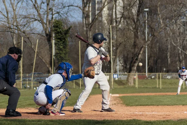 Zagreb Croacia Marzo 2015 Partido Béisbol Club Zagreb Jersey Azul —  Fotos de Stock