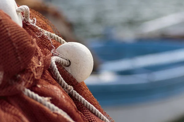 Rete Pesca Barca Legno Sullo Sfondo — Foto Stock