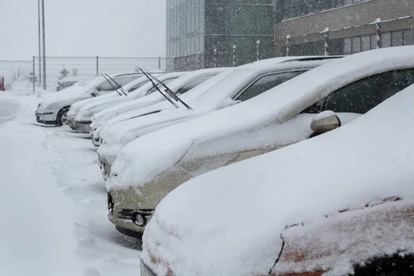 Αυτοκίνητα Στο Πάρκινγκ Καλυμμένα Χιόνι Κατά Διάρκεια Μιας Χιονοθύελλας — Φωτογραφία Αρχείου