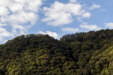 Sonbaharda renkli tepeler ve bulutlu mavi gökyüzü