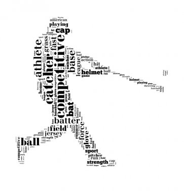 Beyzbol meyilli topu hits, beyaz arka plan kelime bulutu üzerinde siyah harfler