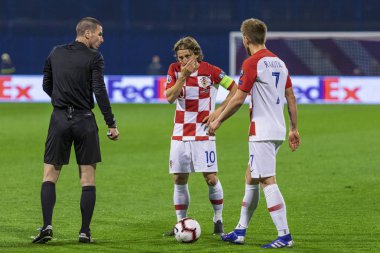 Zagreb, Hırvatistan-21 Mart 2019: UEFA Euro 2020 eleme turu. Hırvatistan vs Azerbaycan. Luka Modric (10) ve Ivan Rakitic (7)